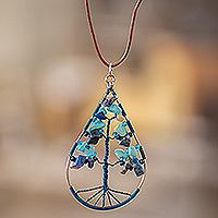 Jasper and quartz pendant necklace, 'Drop of Life in Blue' - Drop-Shaped Tree-Themed Jasper and Quartz Pendant Necklace