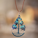 Jasper and quartz pendant necklace, 'Drop of Life in Blue' - Drop-Shaped Tree-Themed Jasper and Quartz Pendant Necklace