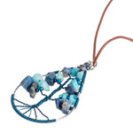 Jasper and quartz pendant necklace, 'Drop of Life in Blue' - Drop-Shaped Tree-Themed Jasper and Quartz Pendant Necklace