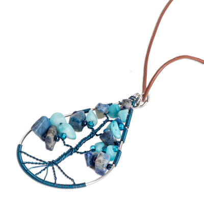 Jasper and quartz pendant necklace, 'Drop of Life in Blue' - Drop-Shaped Tree-Themed Jasper and Quartz Pendant Necklace
