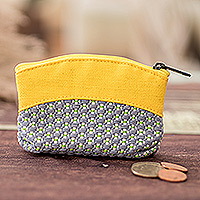 Cotton coin purse, 'Spring Jonquil' - Jonquil and Blue Cotton Coin Purse with Floral Pattern