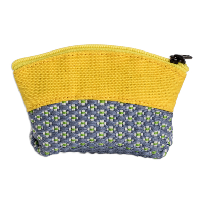 Cotton coin purse, 'Spring Jonquil' - Jonquil and Blue Cotton Coin Purse with Floral Pattern