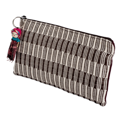 Cotton cosmetic bag, 'Guatemalan Talent' - Handwoven Ivory and Chocolate Cotton Cosmetic Bag