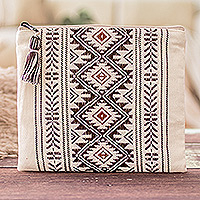 Cotton cosmetic bag, 'Celestial Paths' - Traditional Patterned Zippered Ivory Cotton Cosmetic Bag