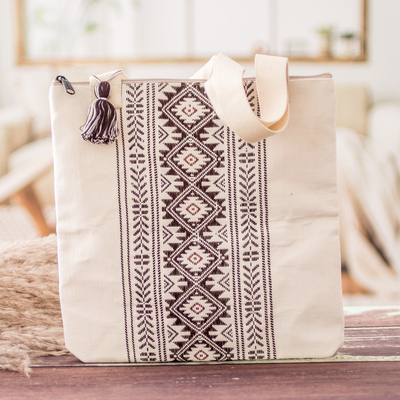 Cotton tote bag, 'Celestial Paths' - Traditional Patterned Zippered Ivory Cotton Tote Bag