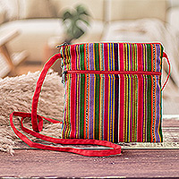 Cotton sling, 'Colorful Guatemala' - Handmade Classic Striped Red Cotton Sling Bag with Zipper