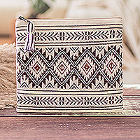 Cotton cosmetic bag, 'Stellar Paths' - Geometric Patterned Zippered Ivory Cotton Cosmetic Bag