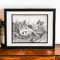 'Enjoying Spring' - Framed Graphite Pencil on Paper Drawing of Fox in Nature