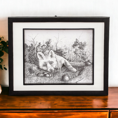 'Disfrutando de la primavera' - Dibujo de lápiz de grafito sobre papel enmarcado de un zorro en la naturaleza