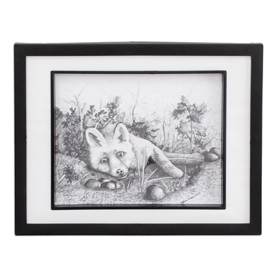 'Disfrutando de la primavera' - Dibujo de lápiz de grafito sobre papel enmarcado de un zorro en la naturaleza