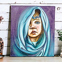 'Innocence' - Oil Realist Portrait Painting of Child with Blue Headscarf