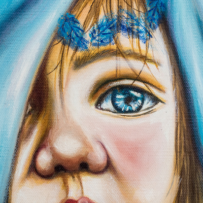 'Innocence' - Retrato realista al óleo de niño con pañuelo azul en la cabeza