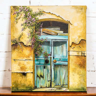 'The Old Threshold' - Old Threshold with Flowers in Antigua Guatemala Oil Painting