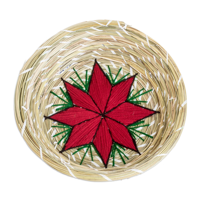 Dekokorb aus Naturfaser, „Der einzige Stern in Rot“ - Handgewebter dekorativer Korb aus Naturfaser mit rotem Stern