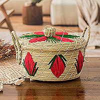 Natural fiber basket, 'Romance & Flowers'