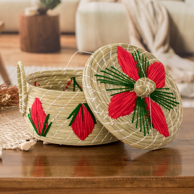 Natural fiber basket, 'Romance & Flowers' - Handwoven Floral Natural Paja Fiber Basket in Red Hues