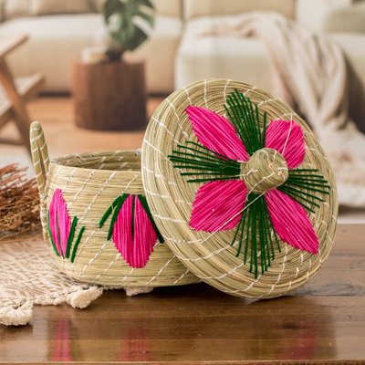 Natural fiber basket, 'Sweetness & Flowers' - Handwoven Floral Natural Paja Fiber Basket in Pink Hues