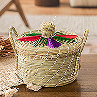 Natural fiber basket, 'Enchanting Spring' - Handwoven Floral Red and Purple Natural Fiber Basket