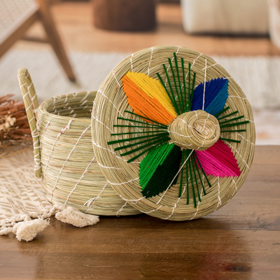 Natural fiber basket, 'Tropical Spring' - Handwoven Floral Multicolour Natural Fiber Basket