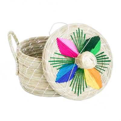 Natural fiber basket, 'Tropical Spring' - Handwoven Floral Multicolour Natural Fiber Basket