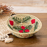 Natural fiber decorative basket, 'Romance Branches' - Handwoven Natural Fiber Decorative Basket with Red Blooms