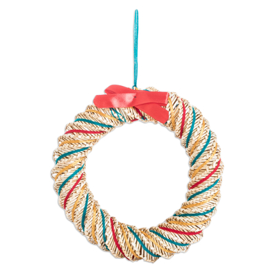 Natural fiber wreath, 'Peace & Prosperity' - Handwoven colourful Natural Fiber Wreath with Ribbon