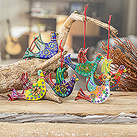 Ceramic ornaments, 'Festive Doves' (set of 6)