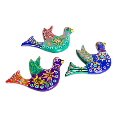 Ceramic magnets, 'Cheerful Doves' (set of 3) - 3 Dove Ceramic Magnets with Hand-Painted Floral Accents