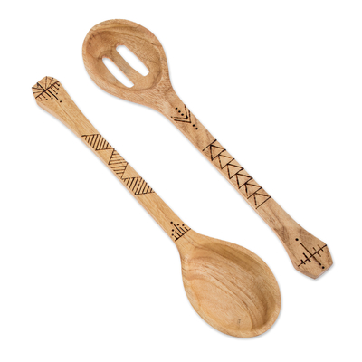 Cucharas para servir de madera, (par) - 2 cucharas para servir de madera recuperada con diseños de pirografía
