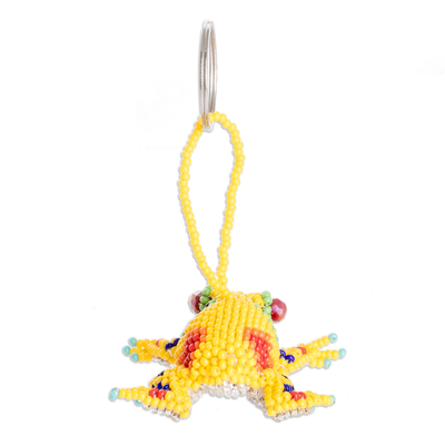 Glass beaded keychain, 'Leaping Yellow' - Handcrafted Glass Beaded Frog Keychain in Yellow Hues