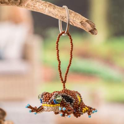 Handcrafted Glass Beaded Frog Keychain in Brown Hues - Leaping
