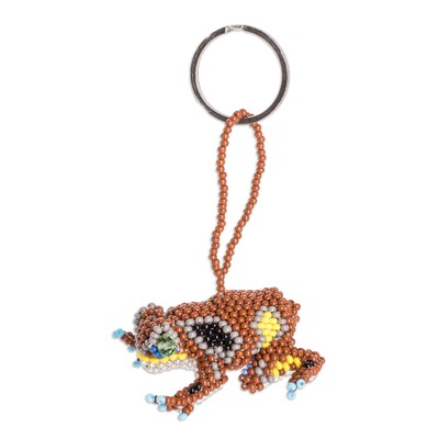 Glass beaded keychain, 'Leaping Brown' - Handcrafted Glass Beaded Frog Keychain in Brown Hues