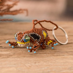 Glass beaded keychain, 'Leaping Brown' - Handcrafted Glass Beaded Frog Keychain in Brown Hues