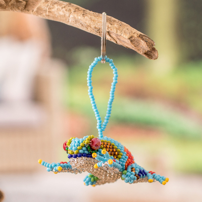 Handcrafted Glass Beaded Frog Keychain in Turquoise Hues, 'Leaping  Turquoise