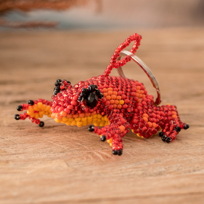 Glass beaded keychain, 'Leaping Red' - Handcrafted Glass Beaded Frog Keychain in Red Hues