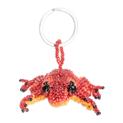 Glass beaded keychain, 'Leaping Red' - Handcrafted Glass Beaded Frog Keychain in Red Hues
