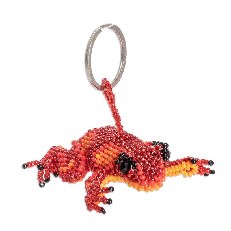 Handcrafted Glass Beaded Frog Keychain in Red Hues - Leaping Red | NOVICA