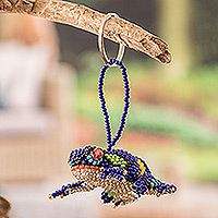Glass beaded keychain, 'Leaping Blue' - Handcrafted Glass Beaded Frog Keychain in Blue Hues