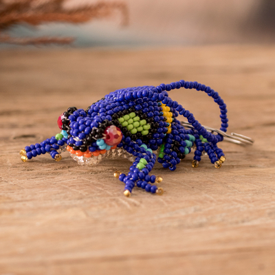 Glass beaded keychain, 'Leaping Blue' - Handcrafted Glass Beaded Frog Keychain in Blue Hues