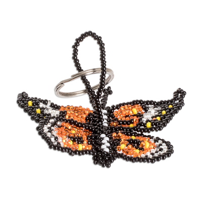 Llavero con cuentas de vidrio - Llavero de mariposa con cuentas de vidrio negro y naranja hecho a mano