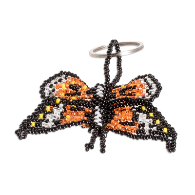 Glass beaded keychain, 'Fluttering Hopes' - Handcrafted Black and Orange Glass Beaded Butterfly Keychain