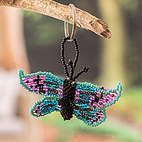 Glass beaded keychain, 'Sweet Hopes' - Turquoise and Purple Glass Beaded Butterfly Keychain