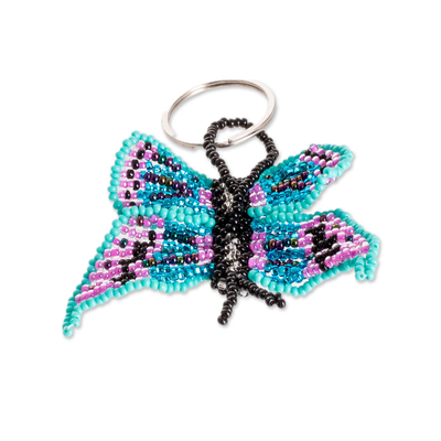 Glass beaded keychain, 'Sweet Hopes' - Turquoise and Purple Glass Beaded Butterfly Keychain