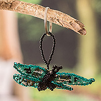 Glass beaded keychain, 'Vital Hopes' - Handcrafted Green and Black Glass Beaded Butterfly Keychain
