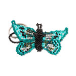 Glass beaded keychain, 'Vital Hopes' - Handcrafted Green and Black Glass Beaded Butterfly Keychain