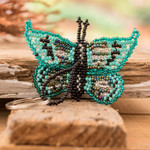 Glass beaded keychain, 'Vital Hopes' - Handcrafted Green and Black Glass Beaded Butterfly Keychain
