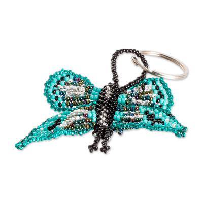 Glass beaded keychain, 'Vital Hopes' - Handcrafted Green and Black Glass Beaded Butterfly Keychain