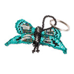 Glass beaded keychain, 'Vital Hopes' - Handcrafted Green and Black Glass Beaded Butterfly Keychain