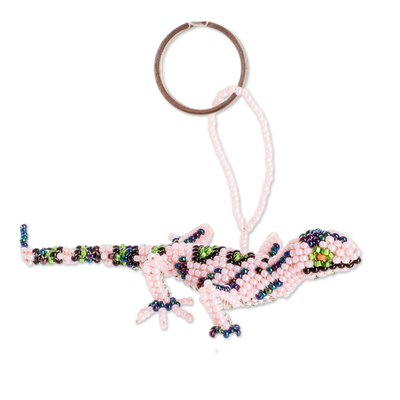 Glass beaded keychain, 'The Kind Lizard' - Handcrafted Glass Beaded Lizard Keychain in Pink Hues