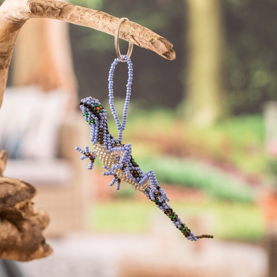 Llavero con cuentas de vidrio - Llavero de lagarto con cuentas de vidrio hecho a mano en tonos azules